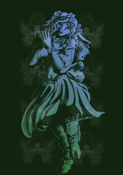Pose - Stylisé doux - 2 couleurs : bleu(lumière) / vert(ombre) - Fond vert uni
